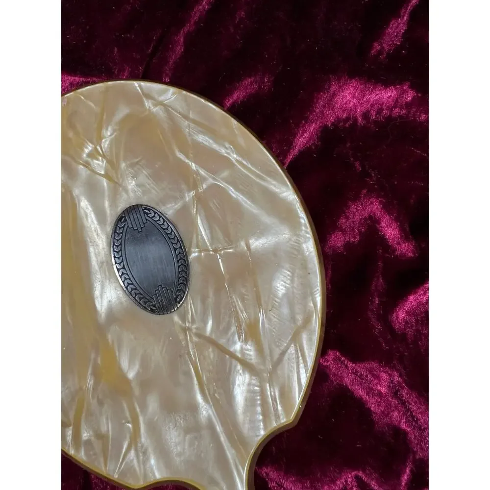 Vintage Art Deco Celluloid Vanity Hand Mirror Faux Mother of Pearl Orange Swirl